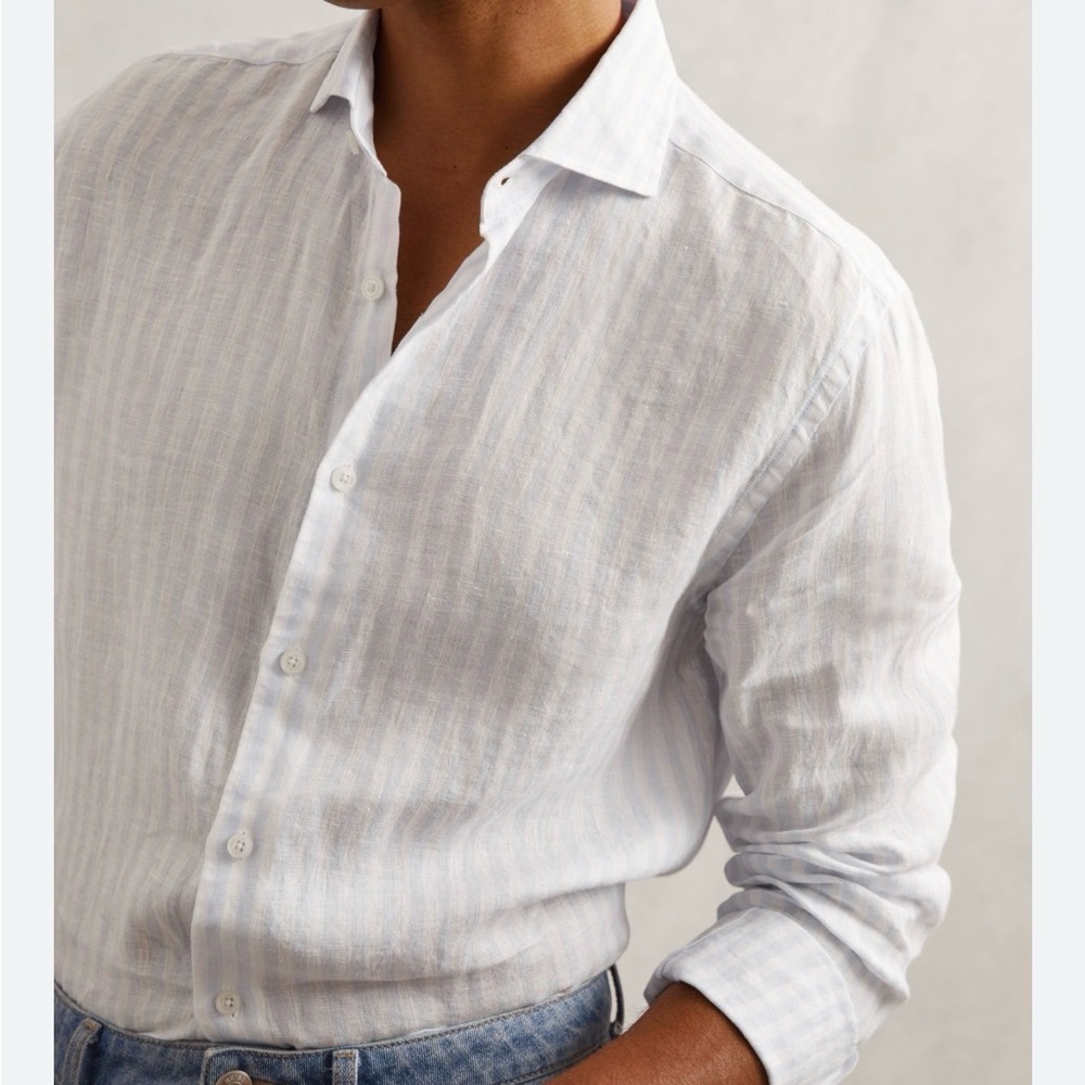 Reiss Cut Away Collar Linen Pale Blue Striped Button Up Shirt Small Preppy